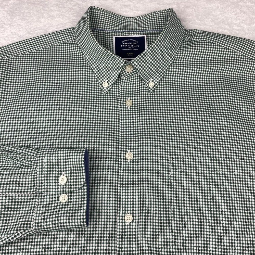 Charles Tyrwhitt Shirt Mens XL Green/White Checks Slim Fit Flip Cuffs No Iron